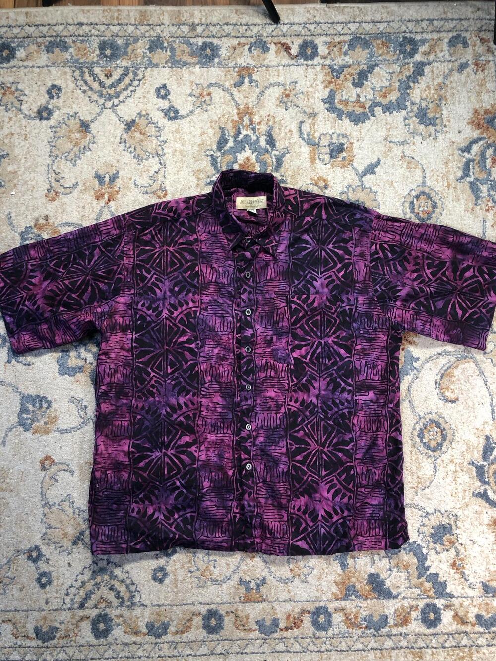 Johari West Shirt Mens 2XL Purple Batik Geometric Short Sleeve Button Up Casual